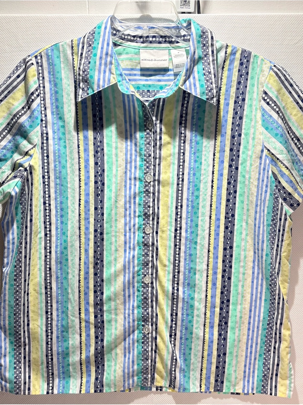 Alfred Dunner Striped Button-Down Shirt in Blue, Green & Yellow
